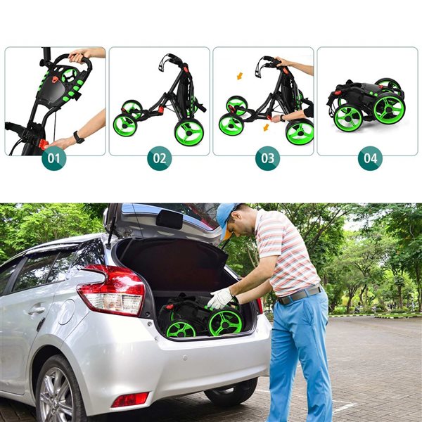 Costway Green Folding 4 Wheels Golf Push Cart W/Bag, Scoreboard and Adjustable Handle