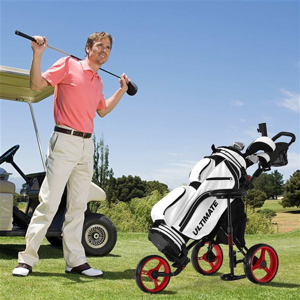 Costway Red Folding 3 Wheels Golf Push Cart W/Seat, Scoreboard and Adjustable Handle