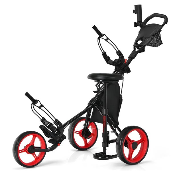 Costway Red Folding 3 Wheels Golf Push Cart W/Seat, Scoreboard and Adjustable Handle
