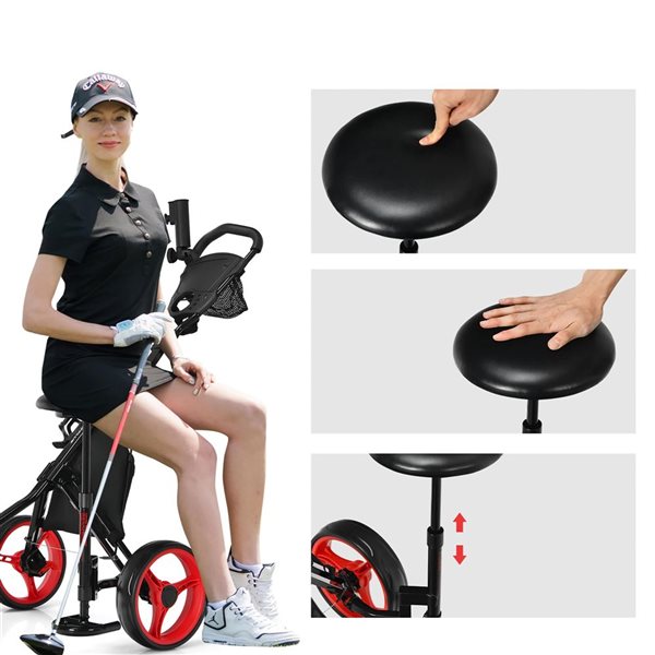 Costway Red Folding 3 Wheels Golf Push Cart W/Seat, Scoreboard and Adjustable Handle