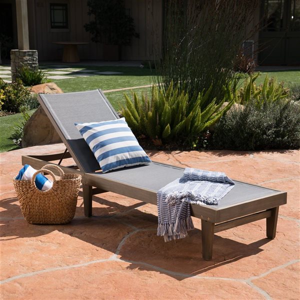 WELLFOR Dark Grey Mesh/Acacia Wood Frame Chaise Lounge