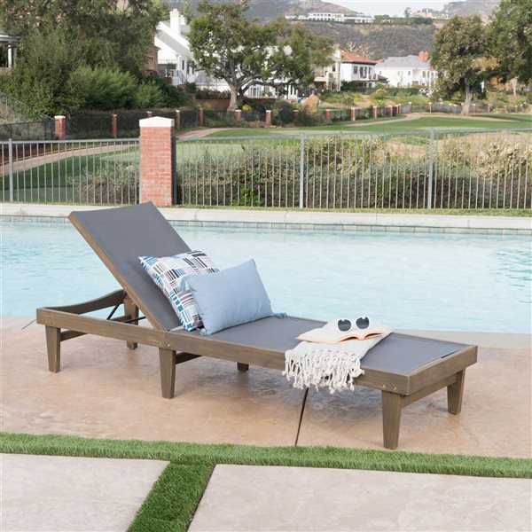 WELLFOR Dark Grey Mesh/Acacia Wood Frame Chaise Lounge