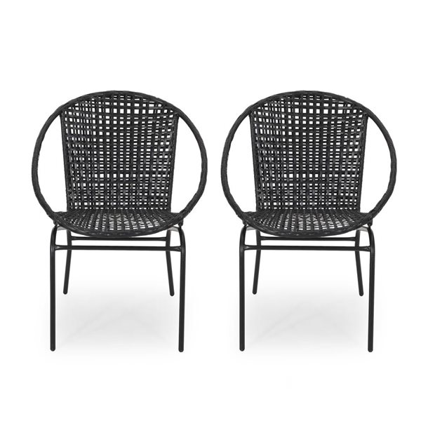 WELLFOR Black Polyethylene Rattan/Iron Frame Outdoor Chairs - Set of 2