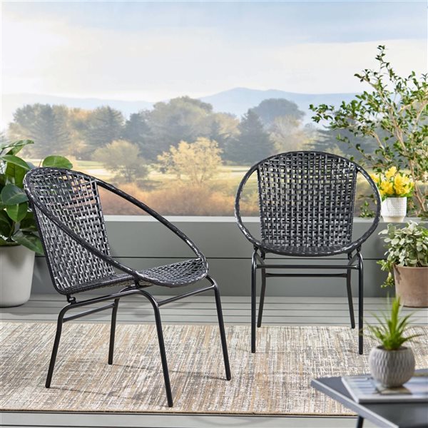 WELLFOR Black Polyethylene Rattan/Iron Frame Outdoor Chairs - Set of 2