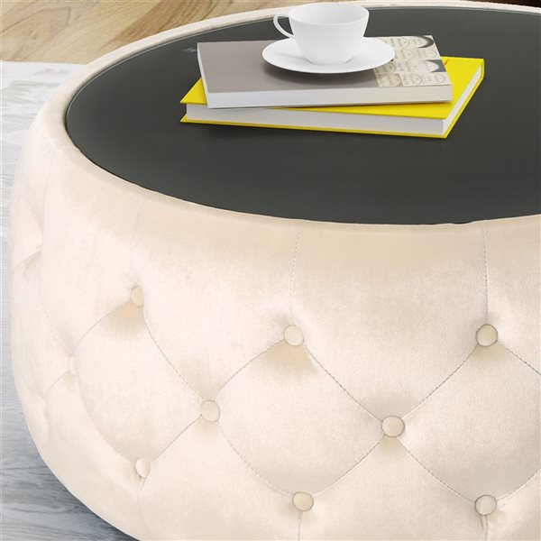 WELLFOR 30 dia x 14.5-in H Beige Velvet Upholstery Round Ottoman w/ Tempered Glass Top