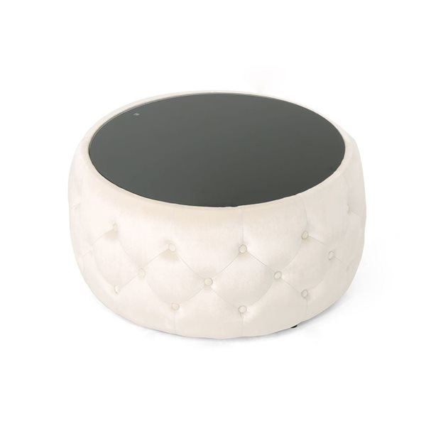 WELLFOR 30 dia x 14.5-in H Beige Velvet Upholstery Round Ottoman w/ Tempered Glass Top