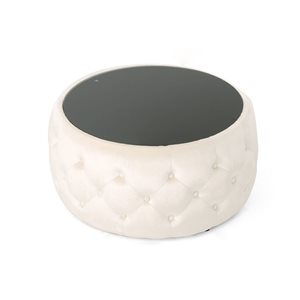 WELLFOR 30 dia x 14.5-in H Beige Velvet Upholstery Round Ottoman w/ Tempered Glass Top