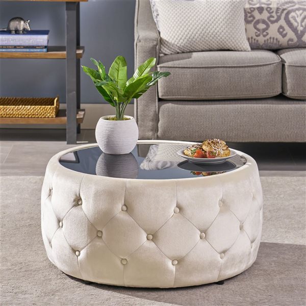 WELLFOR 30 dia x 14.5-in H Beige Velvet Upholstery Round Ottoman w/ Tempered Glass Top