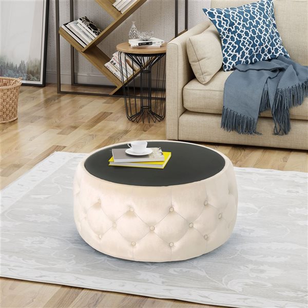 WELLFOR 30 dia x 14.5-in H Beige Velvet Upholstery Round Ottoman w/ Tempered Glass Top