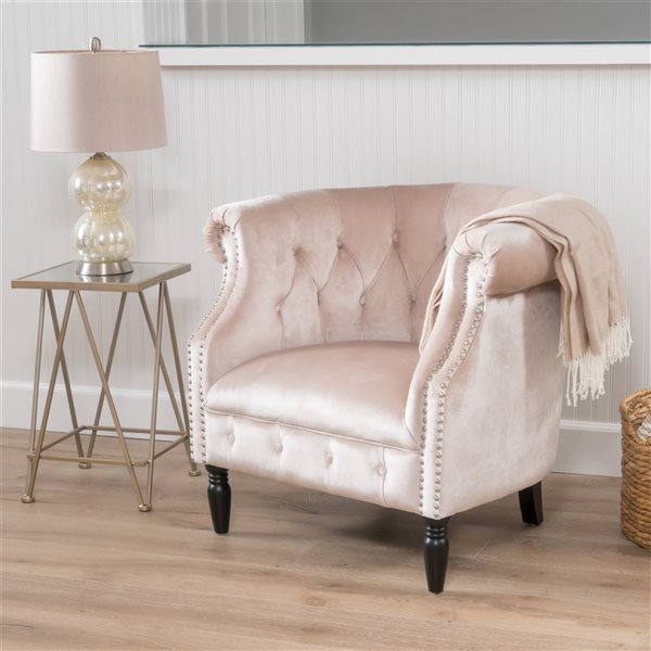 WELLFOR Champagne Velvet Upholstered Club Armchair w/ Birch Wood Legs