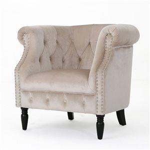 WELLFOR Champagne Velvet Upholstered Club Armchair w/ Birch Wood Legs