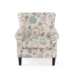 WELLFOR Teal Cream Floral Pattern Upholstered Club Armchair w/ Birch Wood Legs