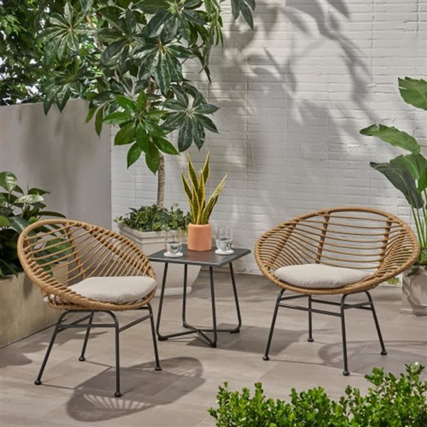 WELLFOR Natural Rattan/Beige Polyester Outdoor Chairs - Set of 2