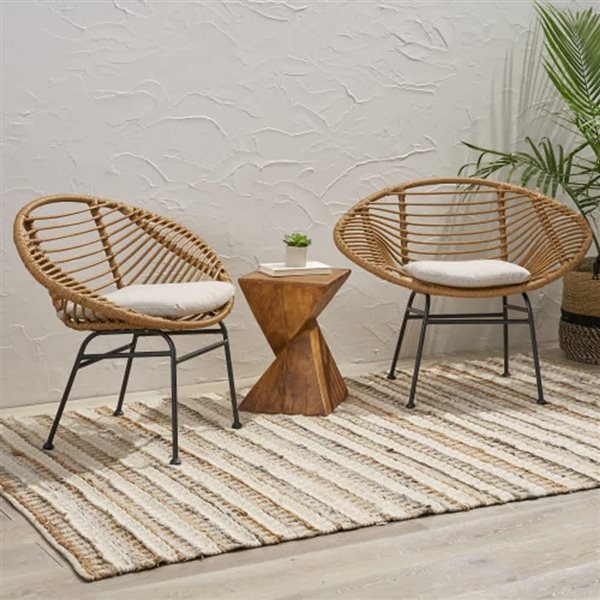 WELLFOR Natural Rattan/Beige Polyester Outdoor Chairs - Set of 2