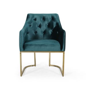 WELLFOR Teal Velvet Upholstered Club Armchair w/ Gold Metal Frame