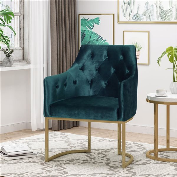 WELLFOR Teal Velvet Upholstered Club Armchair w/ Gold Metal Frame