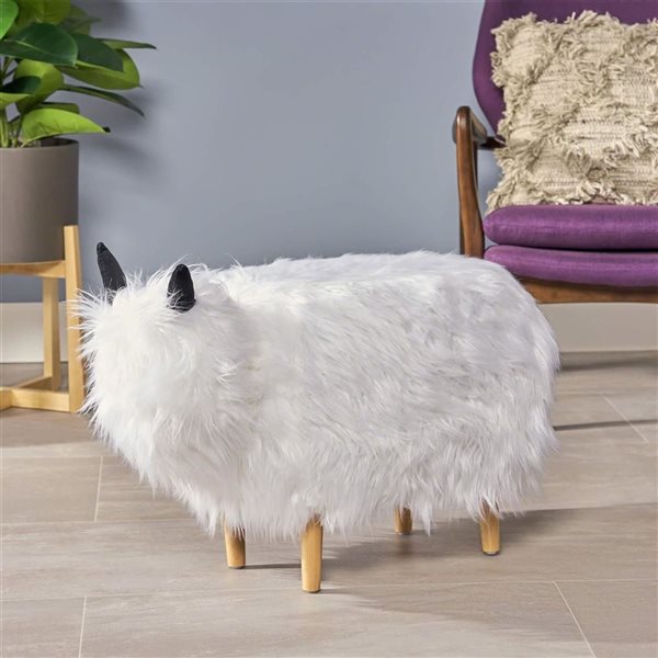 WELLFOR 26.5 L x 17.5 W x 17.25-in H White Faux Fur Upholstered Yak Ottoman w/ Wood Legs