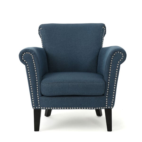 WELLFOR Navy Blue Upholstered Club Armchair w/ Birch Wood Legs