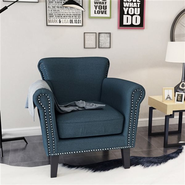 WELLFOR Navy Blue Upholstered Club Armchair w/ Birch Wood Legs