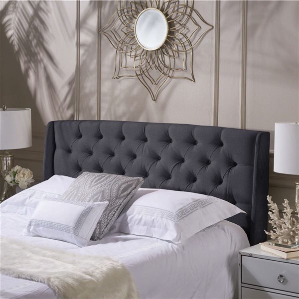 WELLFOR 81.5 W x 6.5 D x 49.5-in H Black Fabric Upholstered Wingback Headboard w/ Tufted Buttons