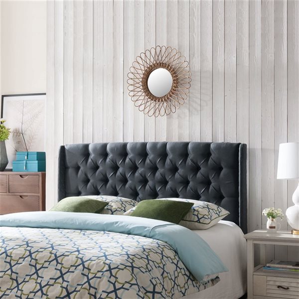 WELLFOR 81.5 W x 6.5 D x 49.5-in H Black Fabric Upholstered Wingback Headboard w/ Tufted Buttons