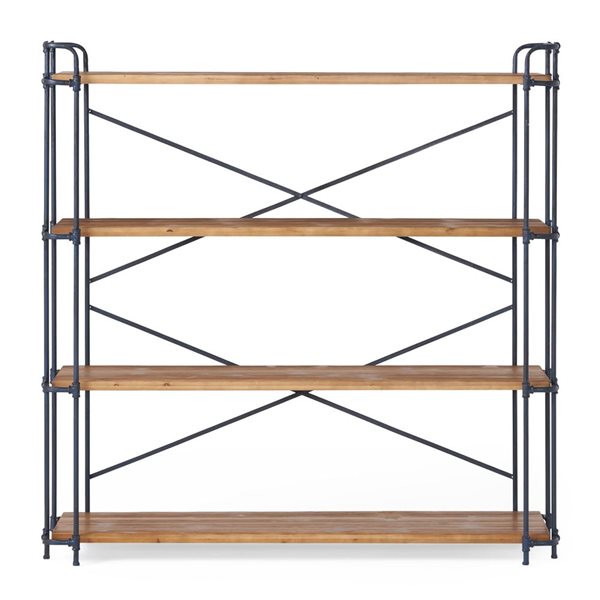 WELLFOR 64 W x 17.5 D x 66.5-in H Natural Wood/Blue-Black Iron 4-Shelf Bookcase w/ X-Frame