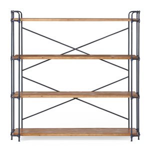 WELLFOR 64 W x 17.5 D x 66.5-in H Natural Wood/Blue-Black Iron 4-Shelf Bookcase w/ X-Frame