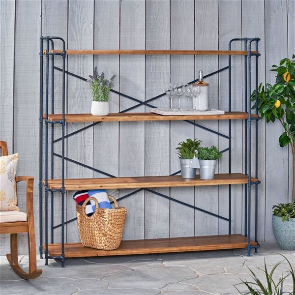 WELLFOR 64 W x 17.5 D x 66.5-in H Natural Wood/Blue-Black Iron 4-Shelf Bookcase w/ X-Frame