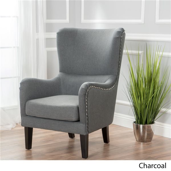 WELLFOR Grey Polyester Wingback Club Archair w/ Nailhead Trim