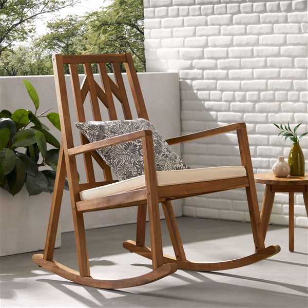 WELLFOR Natural Acacia Rocking Chair w/ Off-White Polyester Cushion