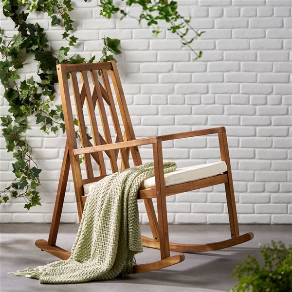 WELLFOR Natural Acacia Rocking Chair w/ Off-White Polyester Cushion