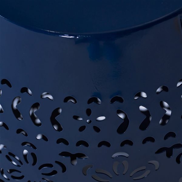 WELLFOR Dark Blue Metal Barrel-Shaped Side Table w/ Lace Cut Pattern