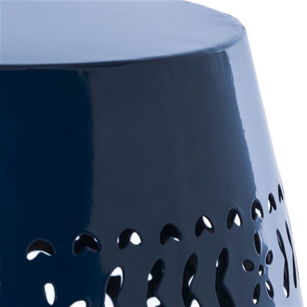 WELLFOR Dark Blue Metal Barrel-Shaped Side Table w/ Lace Cut Pattern