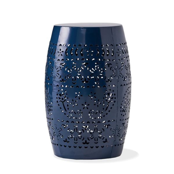 WELLFOR Dark Blue Metal Barrel-Shaped Side Table w/ Lace Cut Pattern