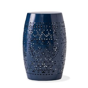 WELLFOR Dark Blue Metal Barrel-Shaped Side Table w/ Lace Cut Pattern