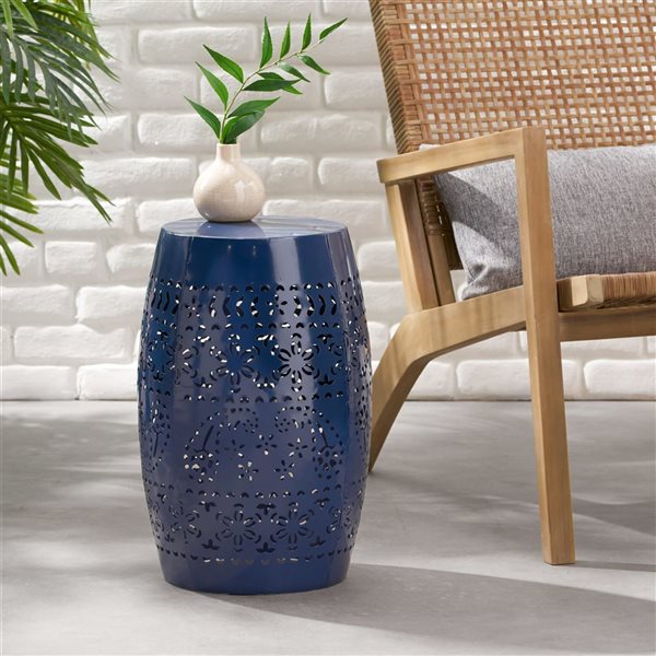 WELLFOR Dark Blue Metal Barrel-Shaped Side Table w/ Lace Cut Pattern