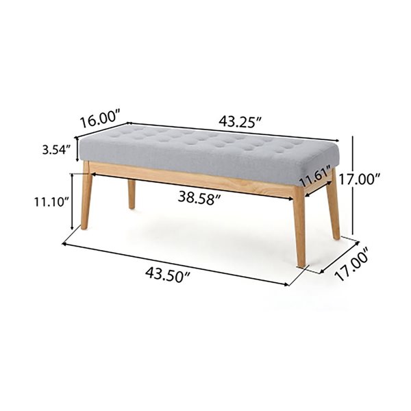 WELLFOR 43.5 W x 17 D x 17-in H Light Grey Fabric Bench w/ Solid Birch Legs