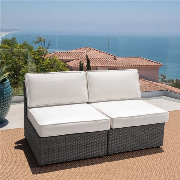 WELLFOR Beige Fabric/Grey PE Wicker Outdoor Armless Chairs - Set of 2