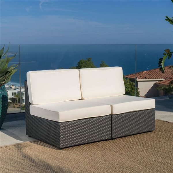 WELLFOR Beige Fabric/Grey PE Wicker Outdoor Armless Chairs - Set of 2