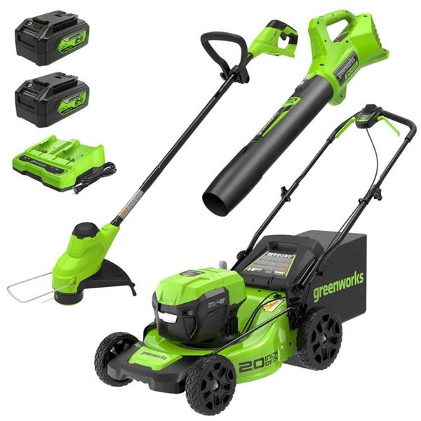 Ensemble d'équipement sans fil Greenworks tondeuse, coupe-bordure et souffleur 2x24 V deux batteries 4Ah et chargeur