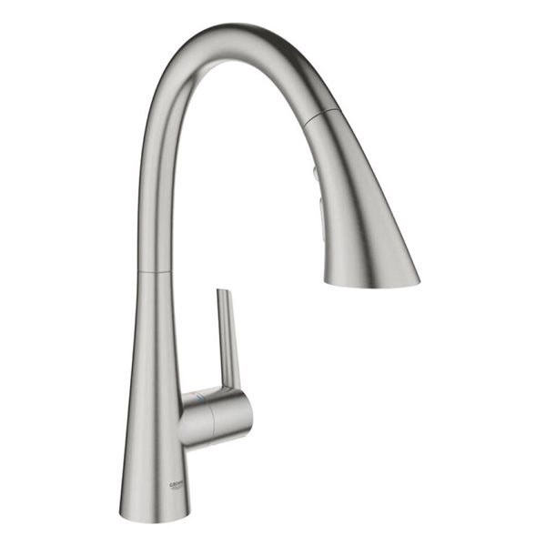 Robinet de cuisine mitigeur Zedra de GROHE à bec rétractable avec accessoires, acier brossé