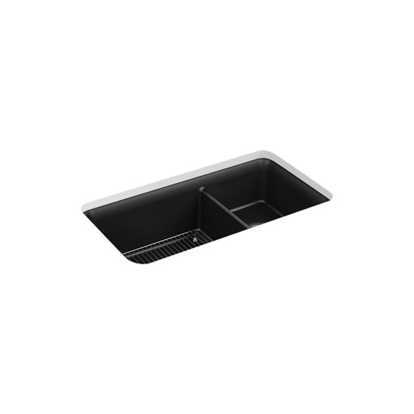 KOHLER Cairn 33-1/2-in Black 1.75 Bowl Undermount Neoroc Kitchen Sink with Rack