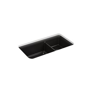 KOHLER Cairn 33-1/2-in Black 1.75 Bowl Undermount Neoroc Kitchen Sink with Rack