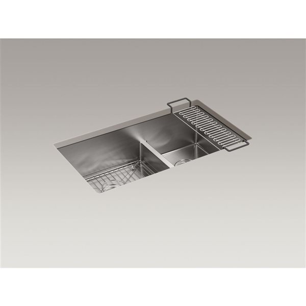 KOHLER Strive 32-in Stainless Steel Smart Divide 1.75 Bowl Undermount Kitchen Sink with Rack