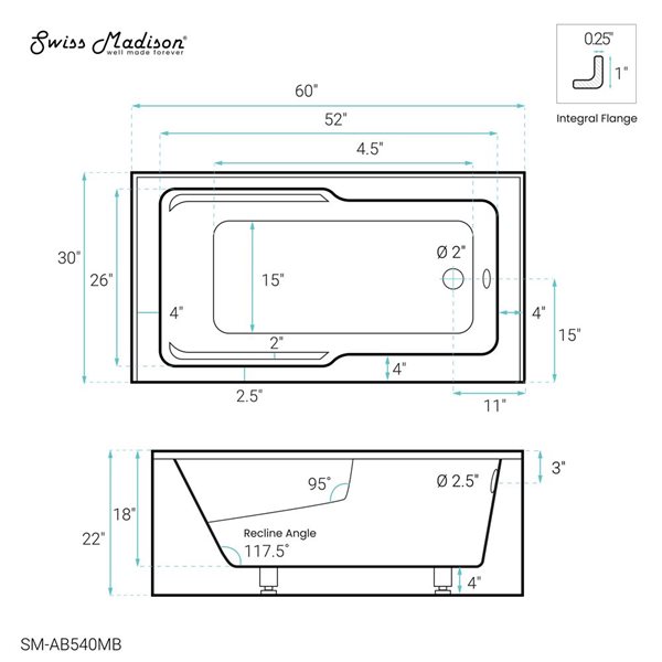 Swiss Madison Lausanne 60 W x 30-in L Matte Black Acrylic Alcove Skirted Right Drain Bathtub w/ Integrated Armrest