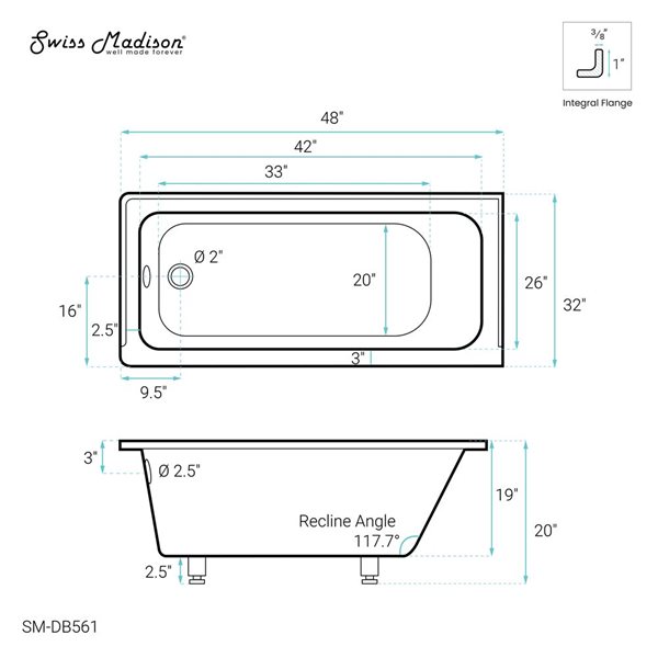 Swiss Madison Lausanne 48 W x 32-in L Glossy White Acrylic Alcove Left Drain Bathtub