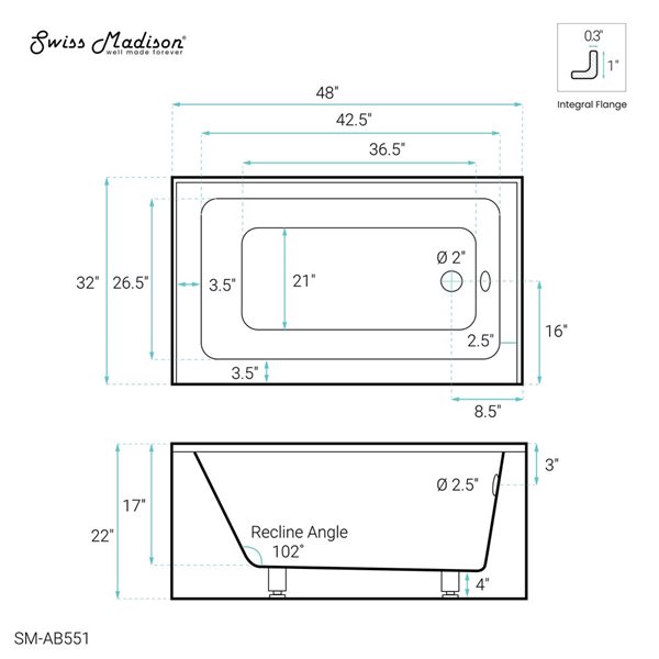 Swiss Madison Lausanne 48 W x 32-in L Glossy White Acrylic Alcove Skirted Right Drain Bathtub