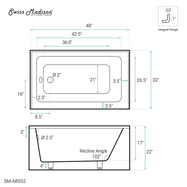 Swiss Madison Lausanne 48 W x 32-in L Glossy White Acrylic Alcove Skirted Left Drain Bathtub