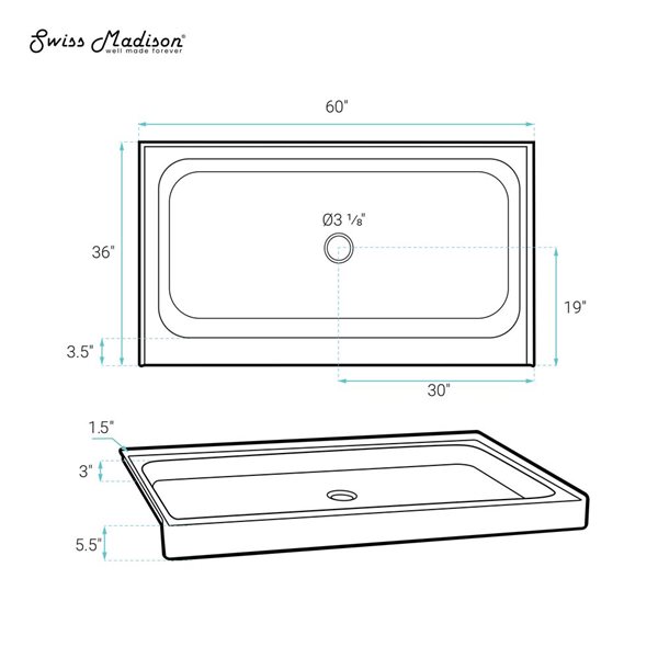 Swiss Madison Lausanne Glossy White Acrylic 60 W x 36-in L Centre Drain Shower Base