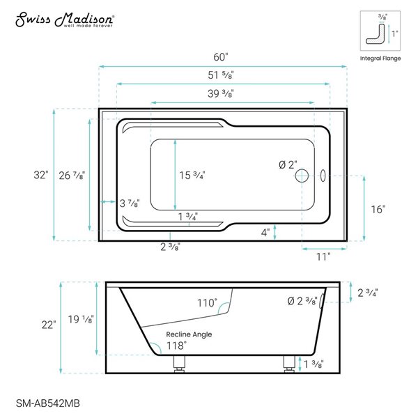 Swiss Madison Lausanne 60 W x 32-in L Matte Black Acrylic Alcove Skirted Right Drain Bathtub w/ Integrated Armrest